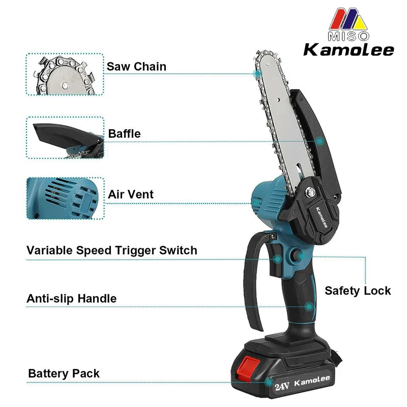 Kamolee Mini Motosserra Elétrica Brushless 8" - Poda Precisa e Corte de Madeira com Compatibilidade para Bateria Makita 18V